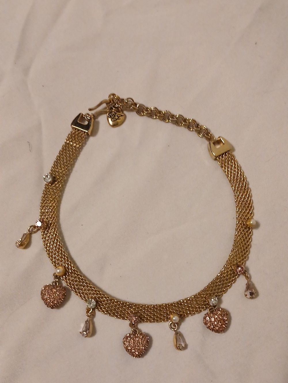 Betsey Johnson Gold-tone Heart Charm Mesh Choker with Crystals